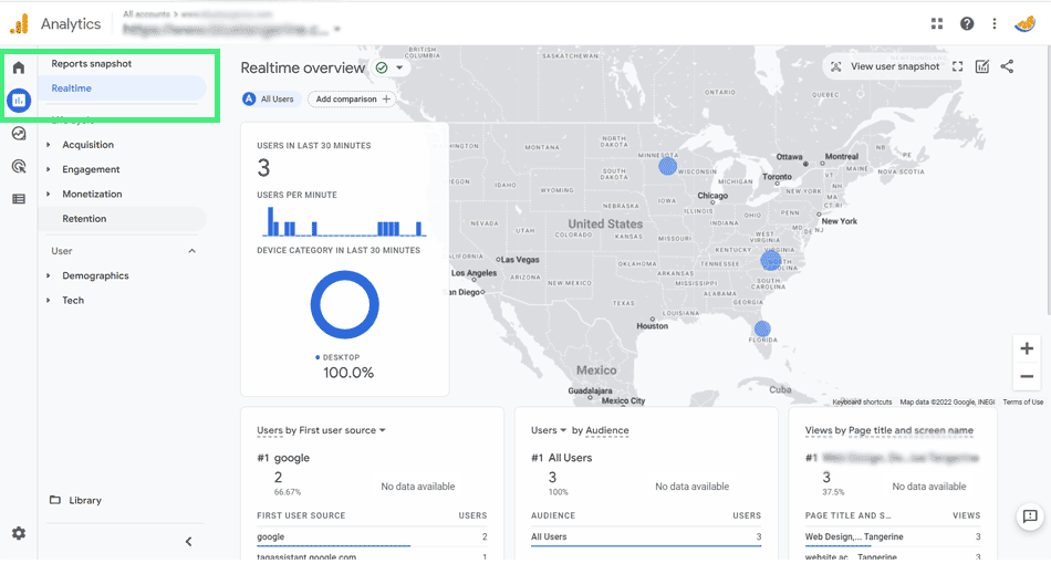 Screenshot GA4 Realtime Reports overview