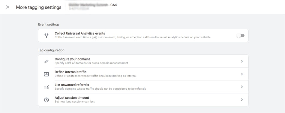 GA4 screenshot of additional settings options