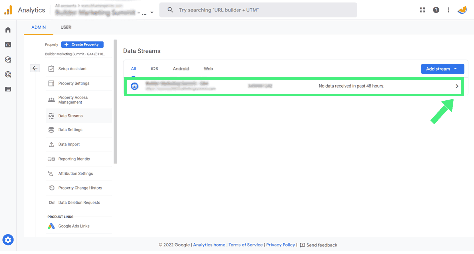 GA4 Data Streams screen