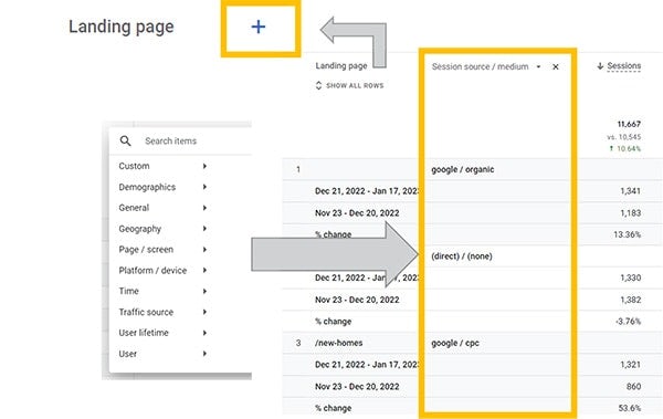 Screenshot of what it looks like to add columns, or dimensions, to a GA4 report
