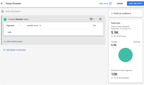 Screenshot of a segment inside of a GA4 report