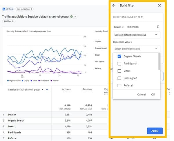 Filters to refine data in a GA4 Report