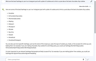 screenshot of Google Bard answering a prompt for instagram hashtags for a post and pic about cookies