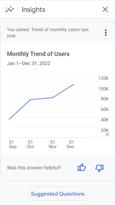 screen capture from GA4 showing search results from a search inside insights