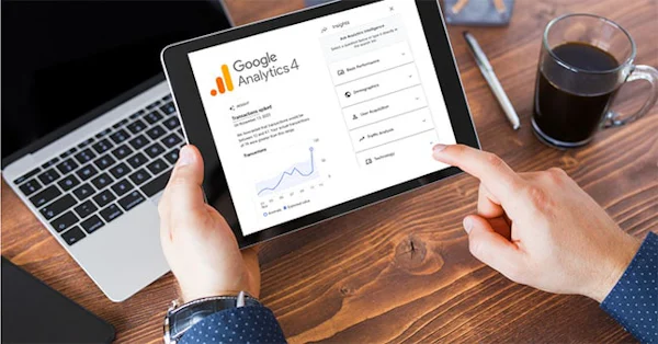 Hero Image GA4 Tip an ipad with Google analytics insights on the screen
