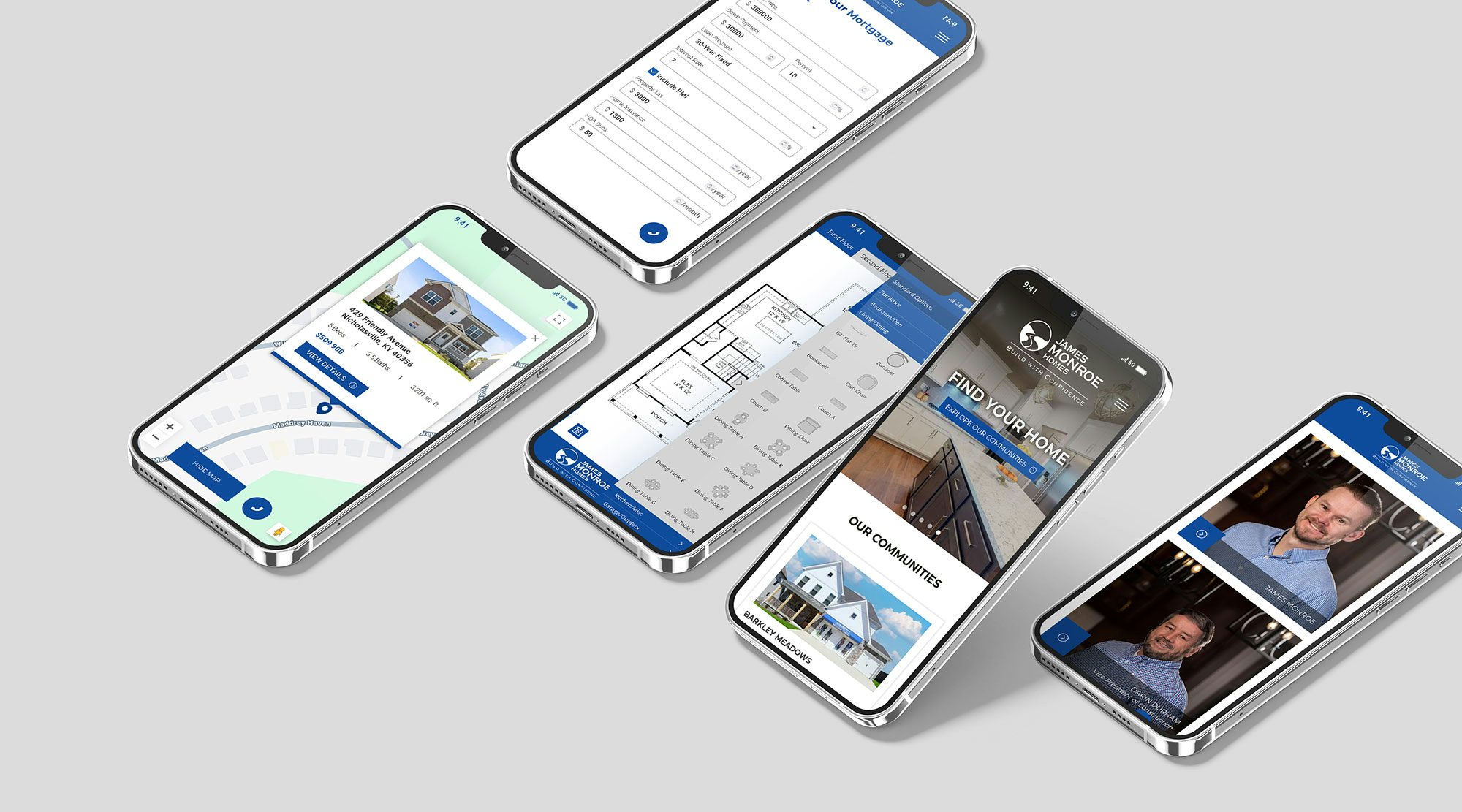 James Monroe Homes Website built by Blue Tangerine on phones