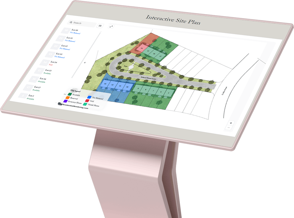 Interactive Site Plan shown on a touchscreen kiosk by Blue Tangerine