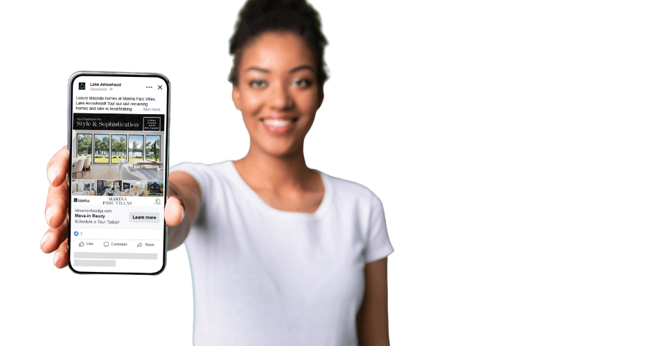 Woman holding out mobile phone with social ad