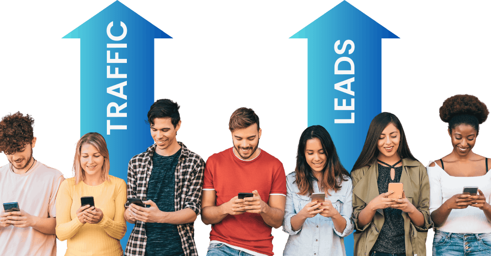 People looking at mobile devices showing traffic and leads increase